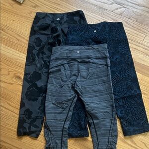 lululemon athletica cropped Black, Gray and blue Patterned Leggings Trio